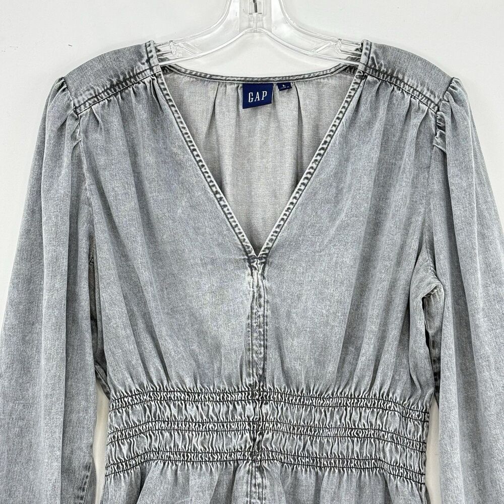 GAP Women’s Gray Denim Blouse V-Neck Smocked Waist Puff Long Sleeve Size L - Picture 3 of 16